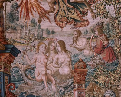 Flamandzki gobelin. Seria Honory. Sława (La Fama). Trzeci gobelin w serii. Wzorcowi rysownicy z kręgu Bernarda van Orleya i Jana Gossaerta (Mabuse). Manufaktura Pieter van Aelst, Bruksela. Około 1550. Tkanina Złoto, srebro, jedwab i wełna. autorstwa Bernaert van (circle of) Orley