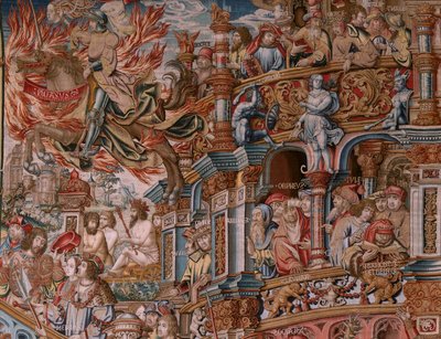 Flamandzki gobelin. Seria Honory. Sława (La Fama). Trzeci gobelin w serii. Wzorcowi rysownicy z kręgu Bernarda van Orleya i Jana Gossaerta (Mabuse). Manufaktura Pieter van Aelst, Bruksela. Około 1550. Tkanina Złoto, srebro, jedwab i wełna. autorstwa Bernaert van (circle of) Orley