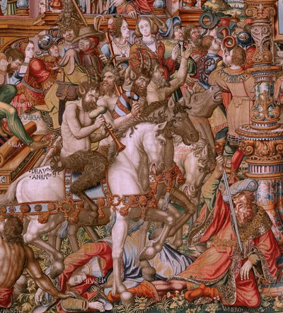 Flamandzki gobelin. Seria Honory. Niesława (La Niesława). Szósty gobelin w serii. Wzorcowi rysownicy z kręgu Bernarda van Orleya i Jana Gossaerta (Mabuse). Manufaktura Pieter van Aelst, Bruksela. Około 1550. Tkanina Złoto, srebro, jedwab i wełna. autorstwa Bernaert van (circle of) Orley