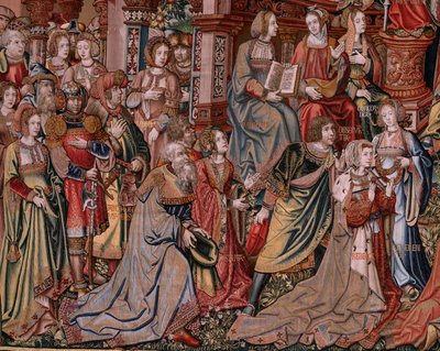 Flamandzki gobelin. Seria Honory. Sprawiedliwość (La Justicia, Los Honores). Dziewiąty gobelin w serii. Wzorcowi rysownicy z kręgu Bernarda van Orleya i Jana Gossaerta (Mabuse). Manufaktura Pieter van Aelst, Bruksela. ok. 1550. Tkanina Złoto, srebro, autorstwa Bernaert van (circle of) Orley