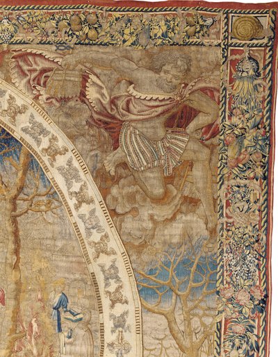 Alegoryczny gobelin brukselski przedstawiający miesiąc grudzień z „Miesiąców medalionu”, ok. 1525 r. autorstwa Bernard van Orley