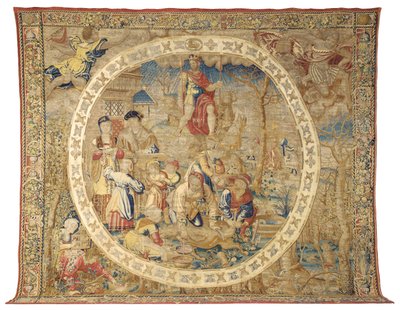 Alegoryczny gobelin brukselski przedstawiający miesiąc grudzień z „Miesiąców medalionu”, ok. 1525 r. autorstwa Bernard van Orley