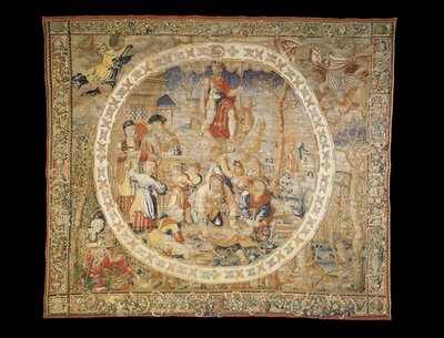 Alegoryczny gobelin brukselski przedstawiający miesiąc grudzień z „Miesiąców medalionu”, ok. 1525 r. autorstwa Bernaert van Orley