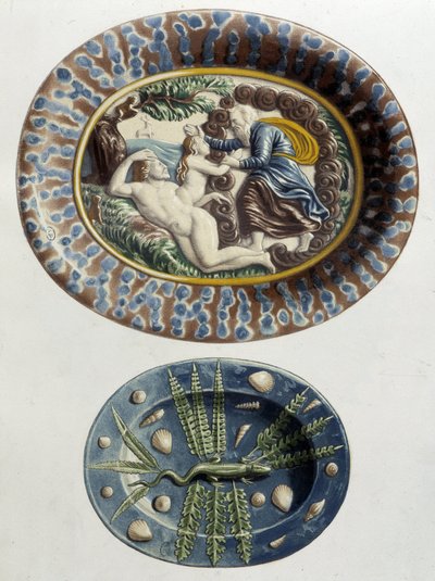 Bóg stwarza Ewę z uda Adama; Jaszczurka - Naczynia ceramiczne, w „Praca Bernarda Palissy” C. Delange i C. Borneman, Paryż autorstwa Bernard (after) Palissy