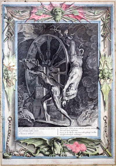 Ixion związany z wiecznie obracającym się ognistym kołem (kolorowy grawer) autorstwa Bernard (after) Picart