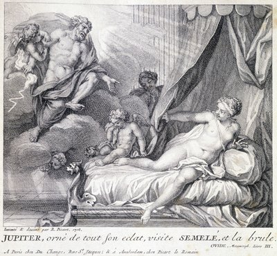 Jupiter (Zeus) pali Semele swoją błyskawicą. Rycina z XVIII wieku według rysunku B. Picarta wykonana w 1708 roku. autorstwa Bernard (after) Picart