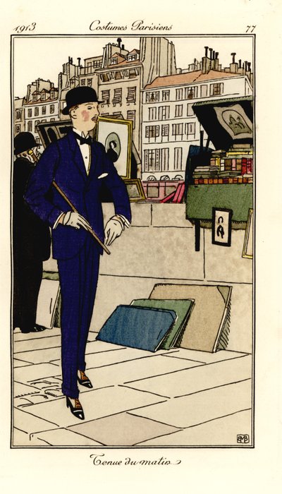 Mężczyzna w garniturze, meloniku i lasce przechodzi obok księgarni nad Sekwaną. Strój poranny. Ręcznie kolorowana akwaforta pochoir (szablonowa) według ilustracji autorstwa Bernarda Boutet de Monvel z Journal des Dames et des Modes Tommaso Antonginiego, Au autorstwa Bernard Boutet de Monvel