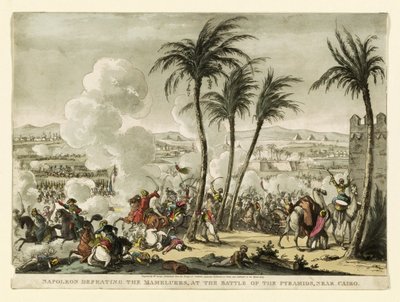 Napoleon pokonujący Mameluków w bitwie pod piramidami pod Kairem, rycina George Cruikshank (1769-1823), wyd. 1823 (grawerowanie ręcznie kolorowane) autorstwa Bernard Edouard Swebach