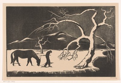 Mężczyzna z koniem na śniegu autorstwa Bernard Essers (signed by artist)