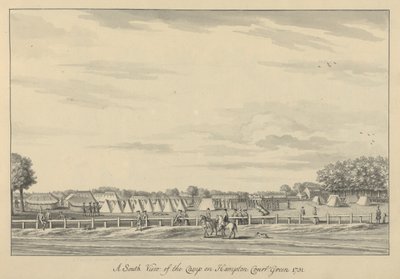 Południowy widok na obóz w Hampton Court Green 1731, 1731-33 (pióro i czarny tusz oraz pranie na papierze czerpanym) autorstwa Bernard III Lens