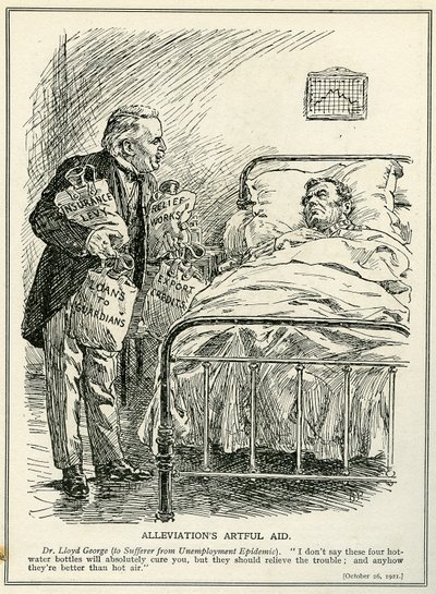 Dr Lloyd George proponuje wyleczyć poszkodowanego z epidemii bezrobocia czterema butelkami gorącej wody, „Opłatą ubezpieczeniową”, „Pracą pomocową”, „Pożyczką” i „Kredytami eksportowymi” autorstwa Bernard John Partridge