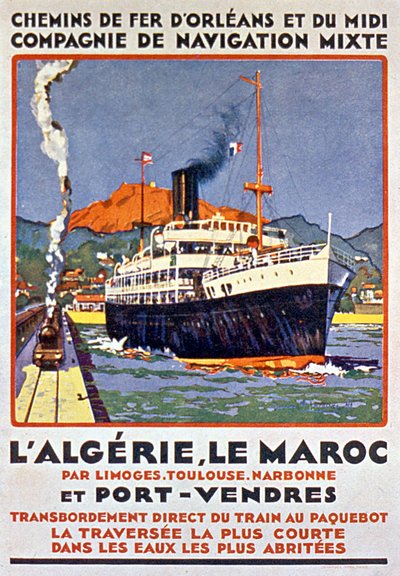 Plakat reklamowy francuskiej kolei jadącej do Algierii i Maroka z Francji przez Limoges, Tuluzę, Narbonne i Port Vendres ok. 1900 r. autorstwa Bernard Lachevre