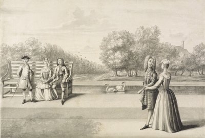 Figurki na brzegu Long Water, Pałac Hampton Court (szary wash długopisem i tuszem na ołówku na papierze) autorstwa Bernard Lens