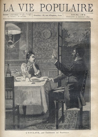 Kobieta z miłością i podziwem słucha przemówienia siedzącego przed nią mężczyzny na obiedzie jako para. Ilustracja B. Borione „Niewolnika” autorstwa Teodora de Banville (1823-1891). Rycina z 1891 roku w „La vie populaire”. Prywatne Col autorstwa Bernard Louis Borione