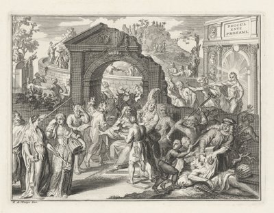Karykatura kontrowersji Schouwburg, c. 1685 autorstwa Bernard Picart (attributed to)