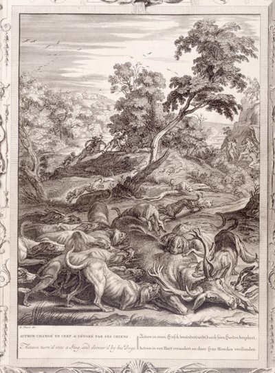 Akteon zamieniony w jelenia i pożarty przez swoje psy, 1731 autorstwa Bernard Picart