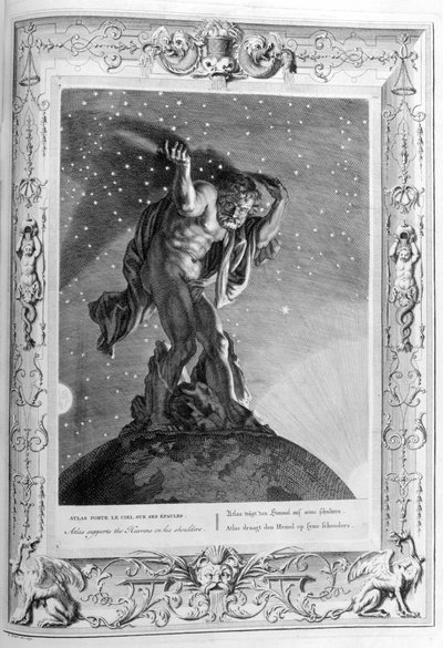 Atlas podpiera niebiosa na ramionach, 1733 autorstwa Bernard Picart