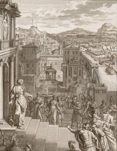 Cassandra przepowiada trojanom ich los i nikt w to nie wierzy, 1731 autorstwa Bernard Picart