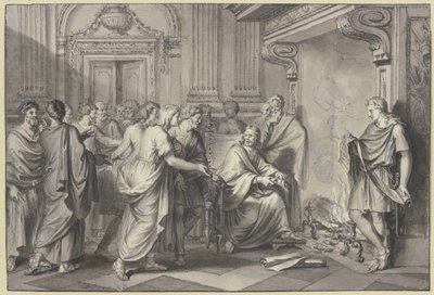 Rzymianin wrzuca zwoje papieru do ognia w obecności wielu osób autorstwa Bernard Picart
