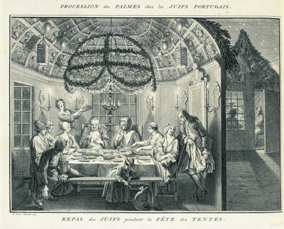 Żydowski posiłek podczas święta Tabernakulum, ilustracja z "Religious Ceremonies and Customs", 1724 r. autorstwa Bernard Picart