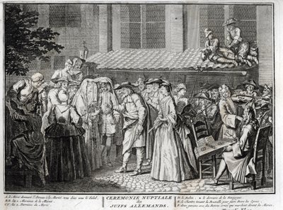 Ślub żydowski w żydowskiej społeczności niemieckiej Grawer z „Illustration de ceremonies et custom religieuses de les peuples du monde” Bernarda Picarta (1723-1743) 1819 Ze zbiorów prywatnych autorstwa Bernard Picart