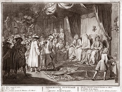 Ślub żydowski w żydowskiej gminie portugalskiej Rycina z „Ilustracja obrzędów i zwyczajów religijnych wszystkich narodów świata” Bernarda Picarta (1723-1743) 1819 Zbiory prywatne autorstwa Bernard Picart