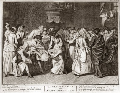Judaizm: ceremonia obrzezania w żydowskiej społeczności portugalskiej Rycina z „Ilustracja obrzędów i zwyczajów religijnych wszystkich narodów świata” Bernarda Picarta (1723-1743) 1819 Kolekcja prywatna autorstwa Bernard Picart