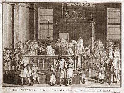 Judaizm: wystawienie Tory w synagodze przed odczytem) Rycina z „Illustration de ceremonies et custom religieuses de tous les peuples du monde” Bernarda Picarta (1723-1743) 1819 Kolekcja prywatna autorstwa Bernard Picart