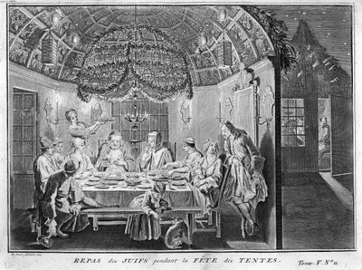 Judaizm: posiłek dla ludności żydowskiej podczas Sukkot (sukkot lub Sukkos) święto tabernakulów lub szałasów) Rycina z „Illustration de ceremonies et custom religieuses de tous les peuples du monde” Bernarda Picarta (1723-1743) 1819 Kolekcja prywatna autorstwa Bernard Picart