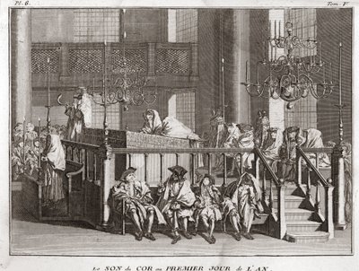 Judaizm: dźwięk rogu pierwszego dnia roku ((dźwięk schofar a Rosch ha-schana) (Święto Żydowskiego Nowego Roku: Dmuchanie w szofar w Rosz Haszana) Rycina z „” Ilustracja ceremonii religijnych i zwyczaje wszystkich narodów autorstwa Bernard Picart