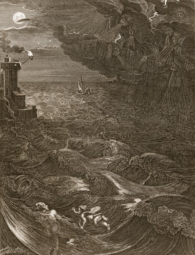 Leander płynie nad Hellespont, by spotkać swoją kochankę, bohaterkę, 1730 autorstwa Bernard Picart