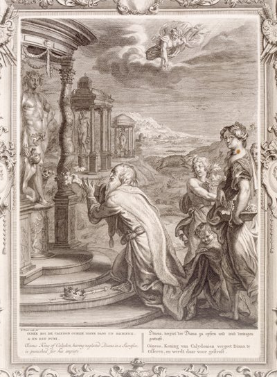 Ojneus, król Calydon, za zaniedbanie Diany w ofierze zostaje ukarany za swoją bezbożność, 1731 autorstwa Bernard Picart