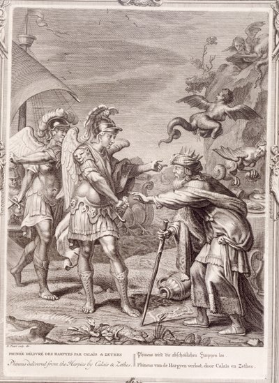 Phineus zostaje uwolniony z harpii przez Calaisa i Zetesa, 1731 autorstwa Bernard Picart