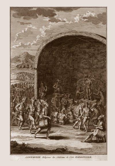 Ceremonia religijna mieszkańców wyspy Hispaniola, ok. 1721 r. autorstwa Bernard Picart
