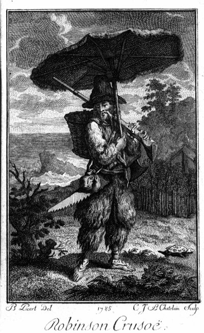 Reprezentacja Robinsona Crusoe na jego pustyni na wyspie. Grawer Bernarda Picarta (1673-1733) ilustrujący powieść Daniela Defoe lub De Foe (1660-1731) autorstwa Bernard Picart