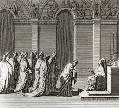 Uroczysta Inauguracja Pontyfikatu: „Adoracja Papieża w Kaplicy Sykstyńskiej” (Inauguracja Papieska: Kult Papieża w Kaplicy Sykstyńskiej) Rycina z „Ilustracji ceremonii i zwyczajów religijnych wszystkich narodów świata”” autorstwa Bernard Picart