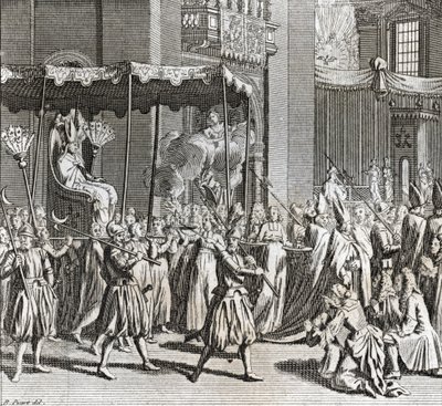 Uroczysta inauguracja pontyfikatu: palenie płótna) Rycina z „Illustration de ceremonies et custom religieuses de tous les peuples du monde” Bernarda Picarta (1723-1743) 1819 Kolekcja prywatna autorstwa Bernard Picart