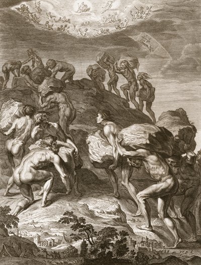 Giganci próbują wspiąć się na niebo, nakładając góry na drugie, 1731 autorstwa Bernard Picart