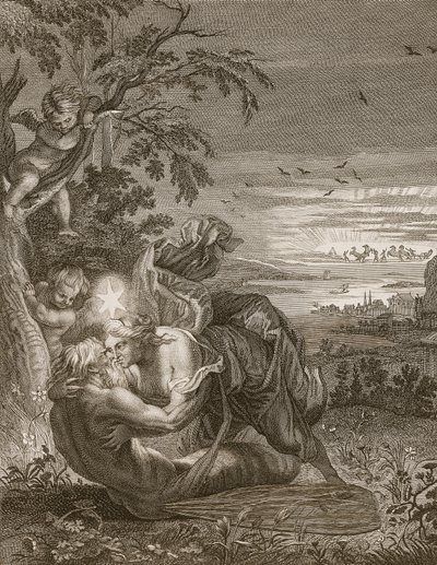 Tithonus, mąż Aurory, zamieniony w konika polnego, 1731 autorstwa Bernard Picart