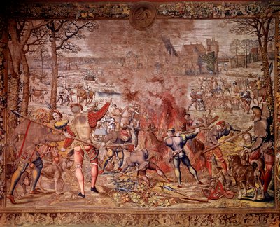 Polowania Maksymiliena zwane „Pięknymi polowaniami Guise”: miesiąc styczeń, Wodnik, polowanie na dziki, flambee, cure - Gobelin wykonany w warsztatach flamandzkich przez Bernarda van Orleya (Barend, Barent, Bernaert van Brussel autorstwa Bernard van (after) Orley