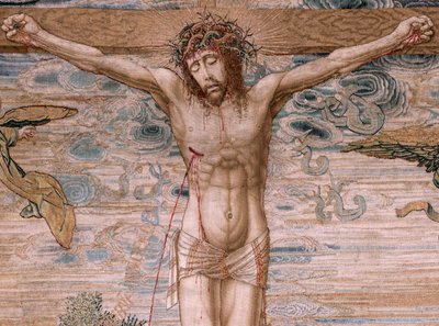 Flamandzki gobelin. Seria Dais Karola V (Baldachin Małgorzaty Austrii). Chrystus Miłosierdzia (Cristo de la Misericordia). Panel gobelinowy za podium. Model Bernard van Orley (1491-1542). Manufaktura Pieter de Pannemaker, Bruksela. 1518-1524. Tkanina G autorstwa Bernard van Orley