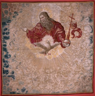 Flamandzki gobelin. Seria Dais Karola V (Baldachin Małgorzaty Austrii). Bóg Ojciec i Duch Święty (El Padre Eterno y el Espíritu Santo). Baldachim gobelinowy na podwyższeniu. Model Bernard van Orley (1491-1542). Wytwórnia Pieter de Pannemaker, autorstwa Bernard van Orley