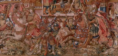 Flamandzki gobelin. Seria Honory. Sława (La Fama). Trzeci gobelin w serii. Wzorcowi rysownicy z kręgu Bernarda van Orleya i Jana Gossaerta (Mabuse). Manufaktura Pieter van Aelst, Bruksela. Około 1550. Tkanina Złoto, srebro, jedwab i wełna. autorstwa Bernard van Orley