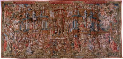 Flamandzki gobelin. Seria Honory. Sława (La Fama). Trzeci gobelin w serii. Wzorcowi rysownicy z kręgu Bernarda van Orleya i Jana Gossaerta (Mabuse). Manufaktura Pieter van Aelst, Bruksela. Około 1550. Tkanina Złoto, srebro, jedwab i wełna. autorstwa Bernard van Orley