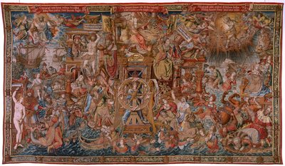 Flamandzki gobelin. Seria Honory. Fortuna, Droga do Honorów (La Fortuna, Camino de los Honores). Piąty gobelin z serii. Wzorcowi rysownicy z kręgu Bernarda van Orleya i Jana Gossaerta de Mabuse. Manufaktura Pieter van Aelst, Brusse autorstwa Bernard van Orley