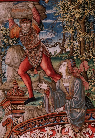 Flamandzki gobelin. Seria Honory. Sprawiedliwość (La Justicia, Los Honores). Dziewiąty gobelin w serii. Wzorcowi rysownicy z kręgu Bernarda van Orleya i Jana Gossaerta (Mabuse). Manufaktura Pieter van Aelst, Bruksela. ok. 1550. Tkanina Złoto, srebro, autorstwa Bernard van Orley