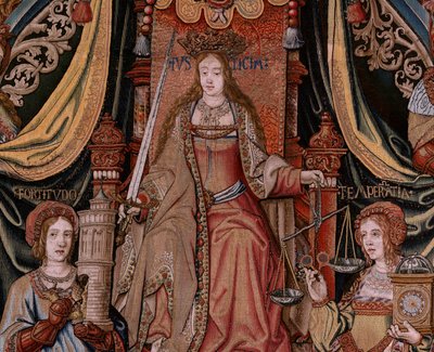 Flamandzki gobelin. Seria Honory. Sprawiedliwość (La Justicia, Los Honores). Dziewiąty gobelin w serii. Wzorcowi rysownicy z kręgu Bernarda van Orleya i Jana Gossaerta (Mabuse). Manufaktura Pieter van Aelst, Bruksela. ok. 1550. Tkanina Złoto, srebro, autorstwa Bernard van Orley