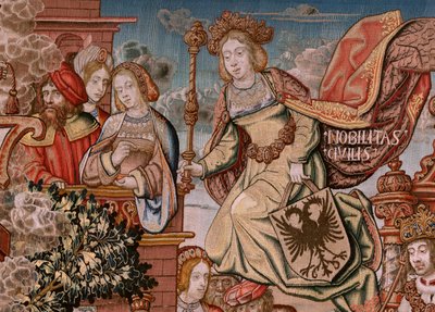 Flamandzki gobelin. Seria Wyróżnienia; Szlachta (La Nobleza). Czwarty gobelin w serii. Wzorcowi rysownicy z kręgu Bernarda van Orleya i Jana Gossaerta (Mabuse). Manufaktura Pieter van Aelst, Bruksela. ok. 1550. Tkanina Złoto, srebro, jedwab i woo autorstwa Bernard van Orley