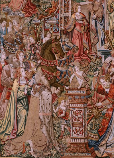 Flamandzki gobelin. Seria Honory; Roztropność (La Prudencia).Siódmy gobelin z serii. Wzorcowi rysownicy z kręgu Bernarda van Orleya i Jana Gossaerta (Mabuse). Manufaktura Pieter van Aelst, Bruksela. ok. 1550. Tkanina Złoto, srebro, jedwab i w autorstwa Bernard van Orley
