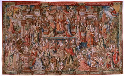 Flamandzki gobelin. Seria Wyróżnienia; Roztropność (La Prudencia).Siódmy gobelin z serii. Wzorcowi rysownicy z kręgu Bernarda van Orleya i Jana Gossaerta (Mabuse). Manufaktura Pieter van Aelst, Bruksela. ok. 1550. Tkanina Złoto, srebro, jedwab i w autorstwa Bernard van Orley